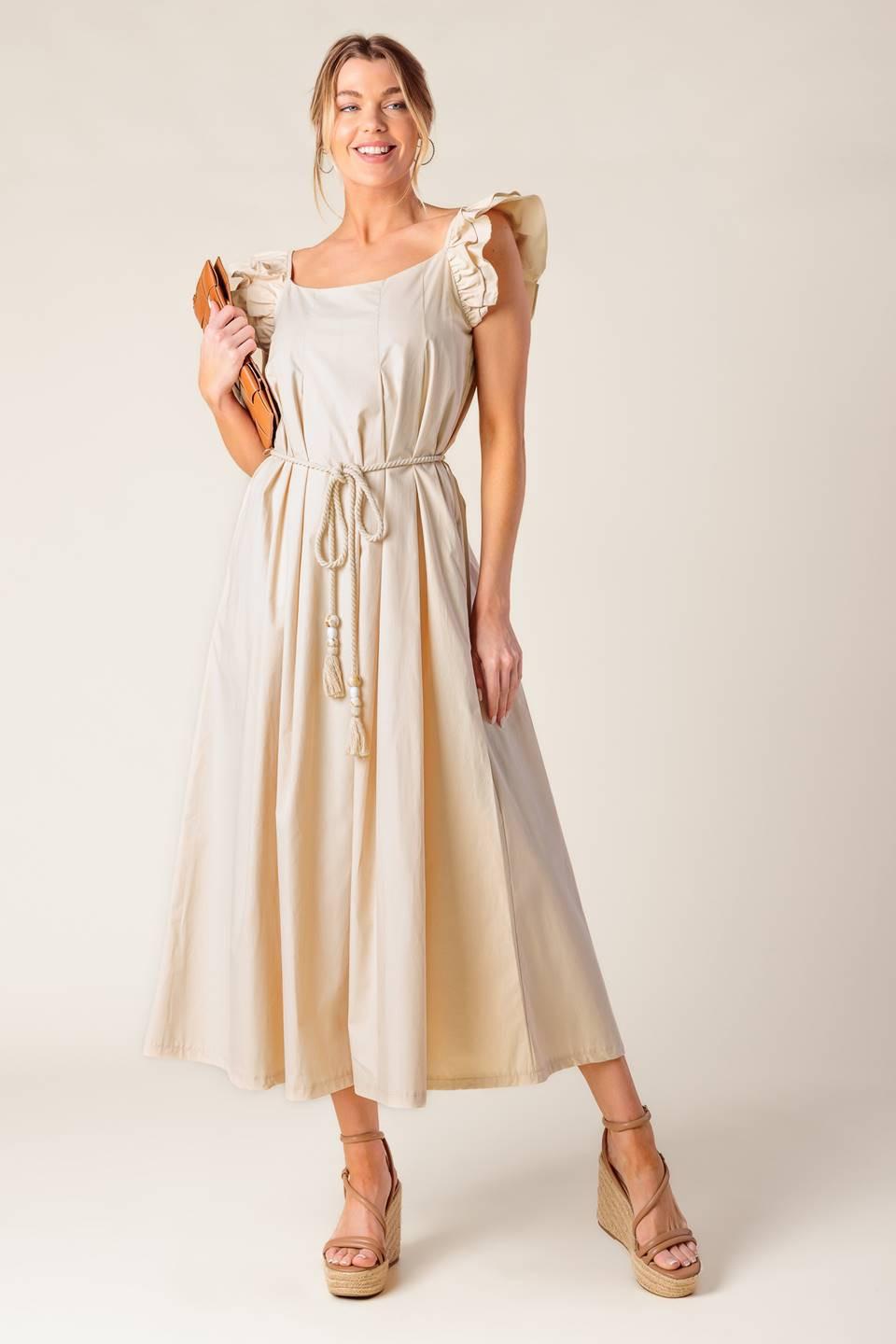 CHAMPAGNE TOAST TAUPE WOVEN MIDI DRESS - Glamourous Grace
