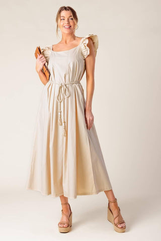 CHAMPAGNE TOAST TAUPE WOVEN MIDI DRESS - Glamourous Grace
