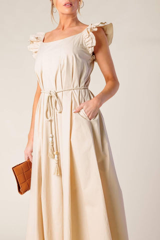 CHAMPAGNE TOAST TAUPE WOVEN MIDI DRESS - Glamourous Grace