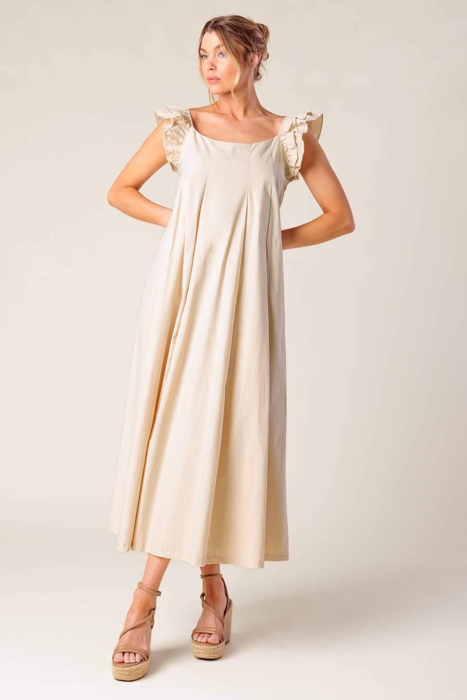 CHAMPAGNE TOAST TAUPE WOVEN MIDI DRESS - Glamourous Grace