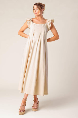 CHAMPAGNE TOAST TAUPE WOVEN MIDI DRESS - Glamourous Grace
