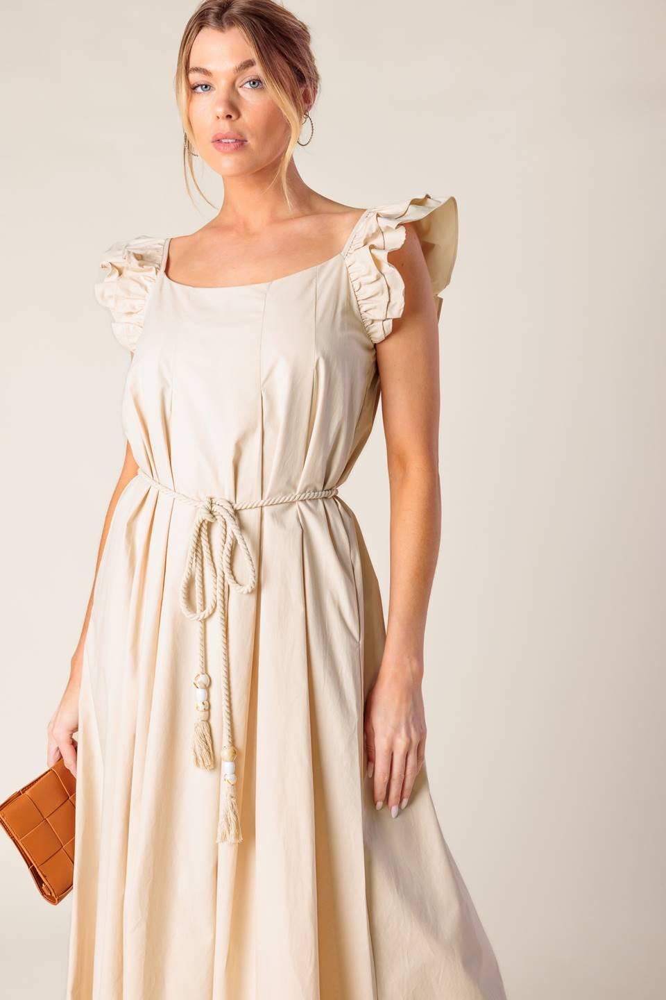 CHAMPAGNE TOAST TAUPE WOVEN MIDI DRESS - Glamourous Grace