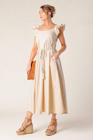 CHAMPAGNE TOAST TAUPE WOVEN MIDI DRESS - Glamourous Grace