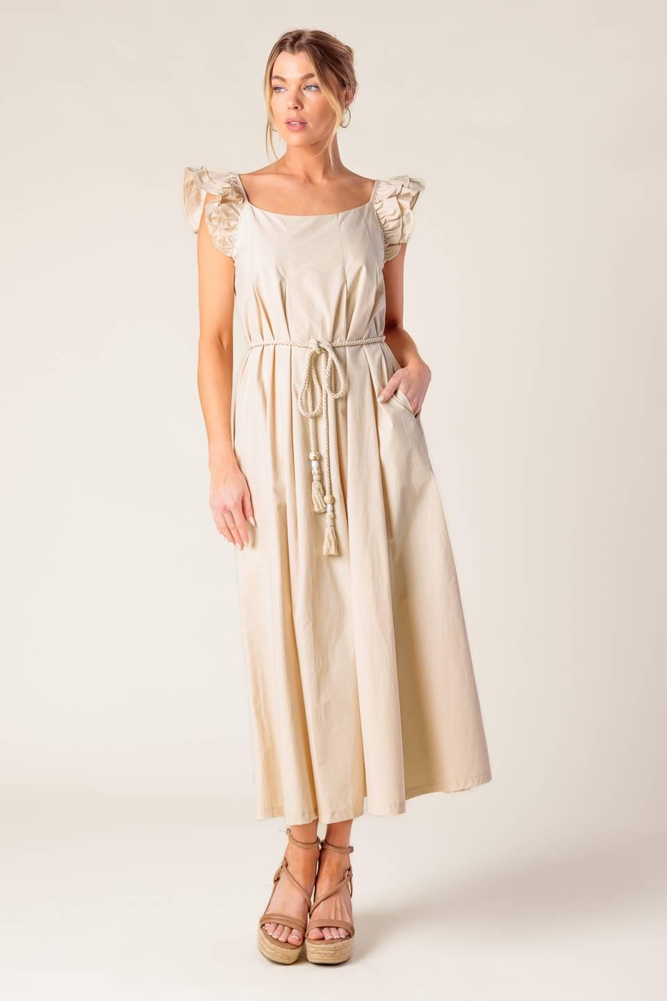 CHAMPAGNE TOAST TAUPE WOVEN MIDI DRESS - Glamourous Grace