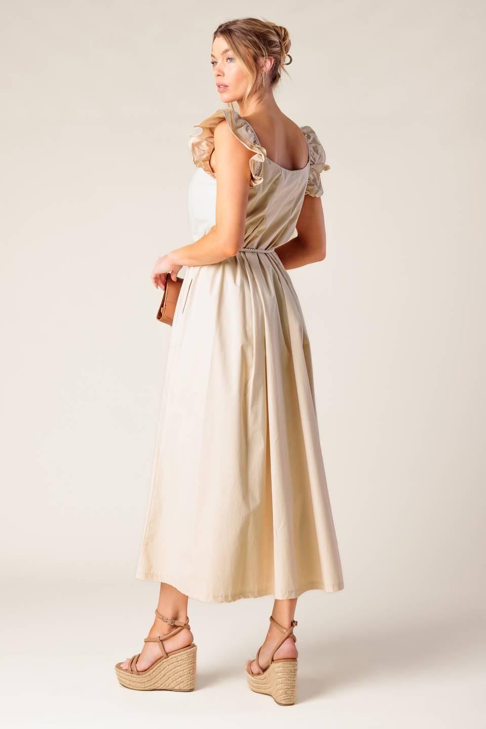 CHAMPAGNE TOAST TAUPE WOVEN MIDI DRESS - Glamourous Grace