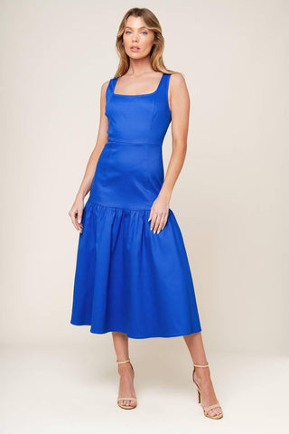 PLEASANT DREAMS BLUE WOVEN MIDI DRESS - Glamourous Grace