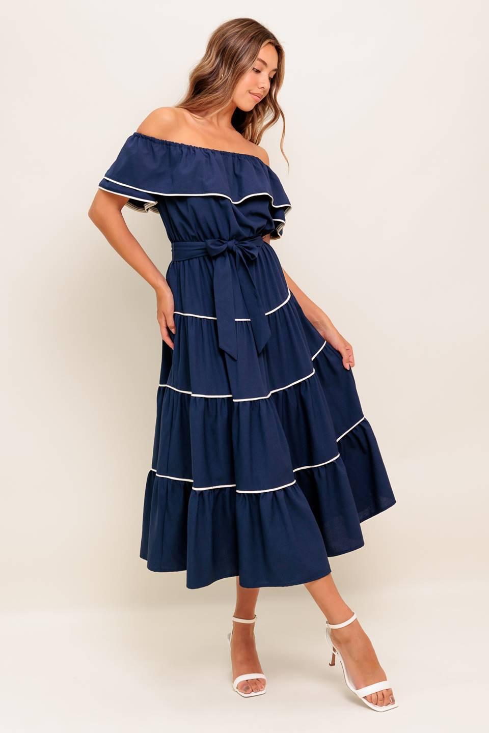 BUTTERCREAM DREAM NAVY WOVEN MIDI DRESS - Glamourous Grace