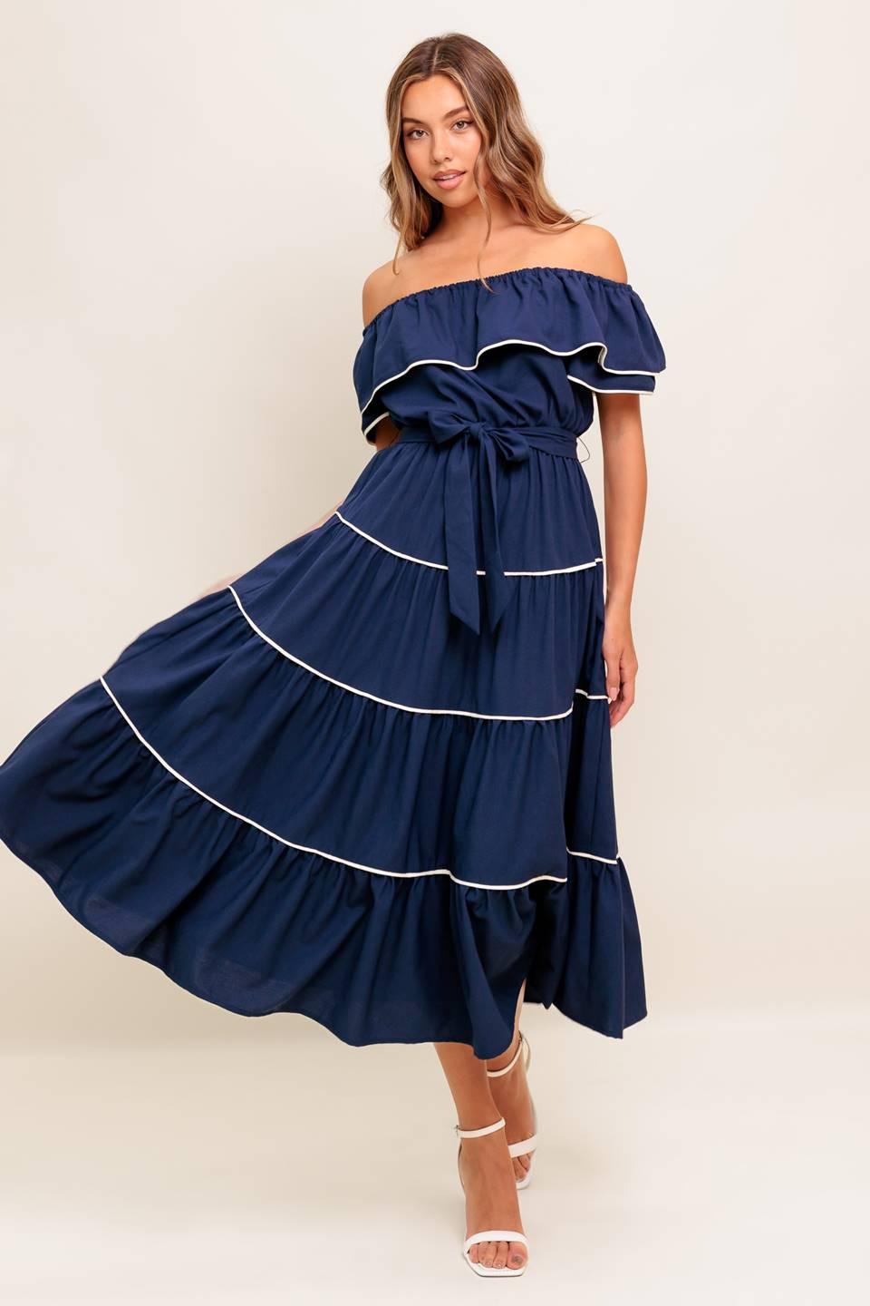BUTTERCREAM DREAM NAVY WOVEN MIDI DRESS - Glamourous Grace