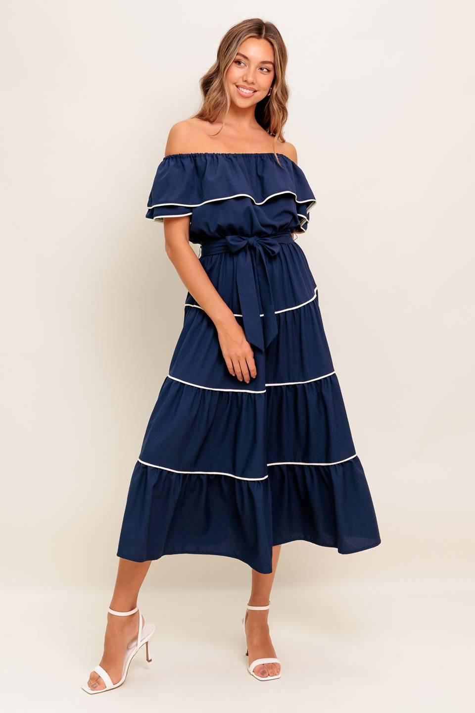 BUTTERCREAM DREAM NAVY WOVEN MIDI DRESS - Glamourous Grace