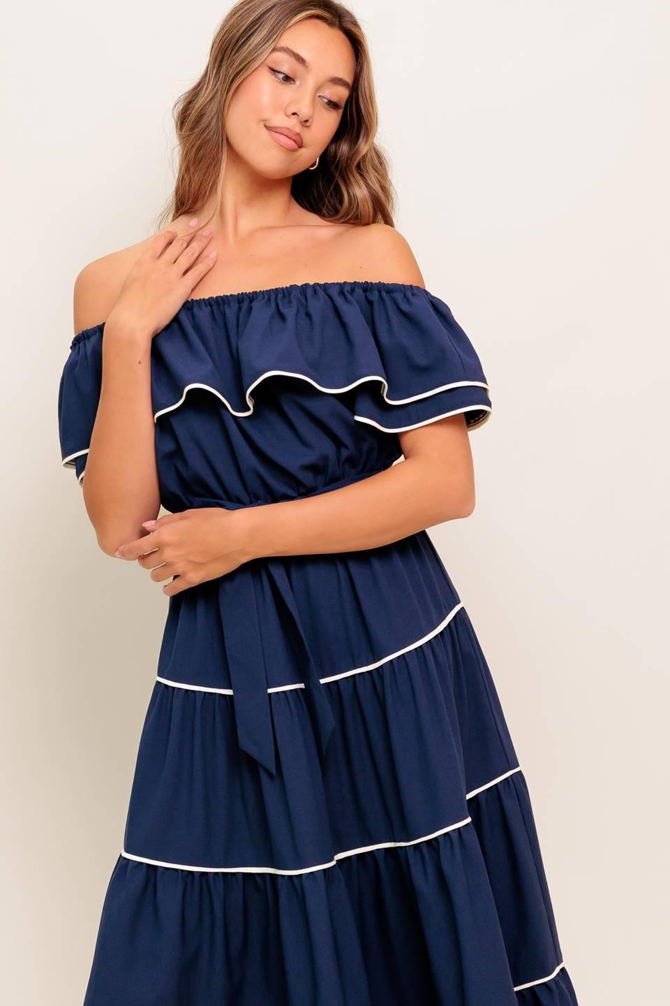BUTTERCREAM DREAM NAVY WOVEN MIDI DRESS - Glamourous Grace