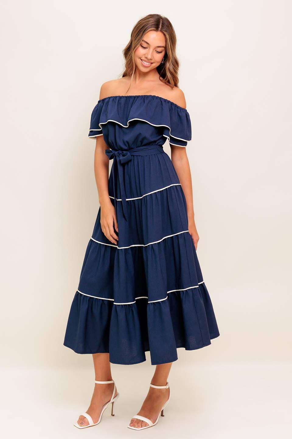 BUTTERCREAM DREAM NAVY WOVEN MIDI DRESS - Glamourous Grace