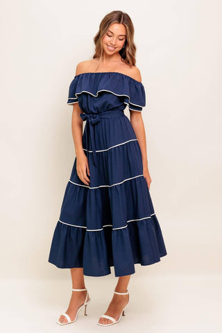 BUTTERCREAM DREAM NAVY WOVEN MIDI DRESS - Glamourous Grace