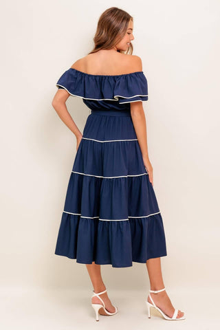 BUTTERCREAM DREAM NAVY WOVEN MIDI DRESS - Glamourous Grace