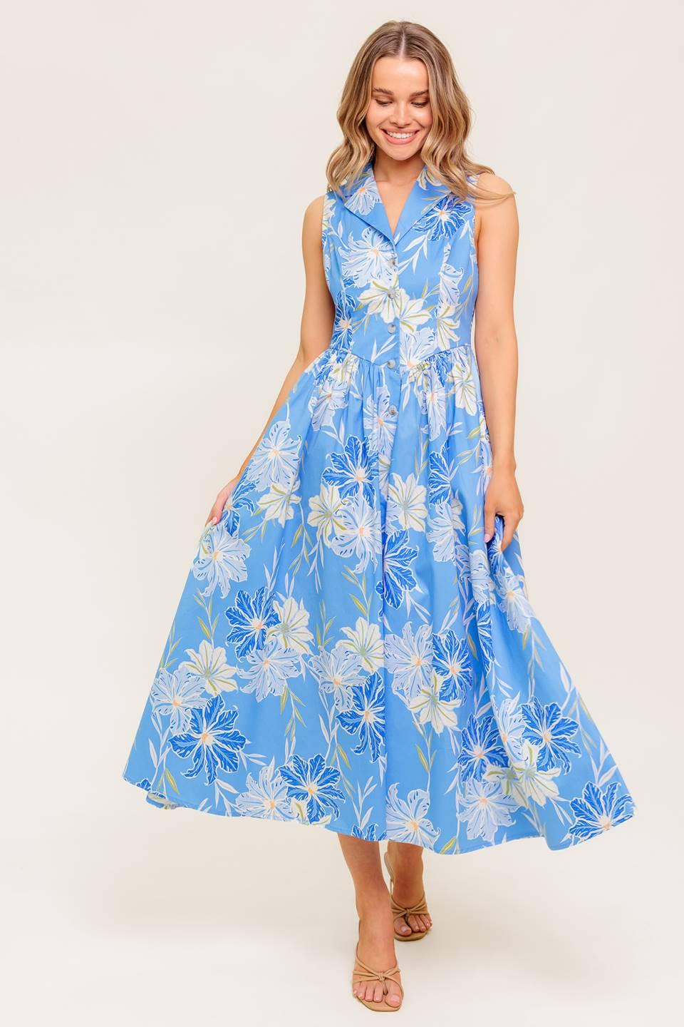 FERN WHISPER BLUE WOVEN MIDI DRESS - Glamourous Grace