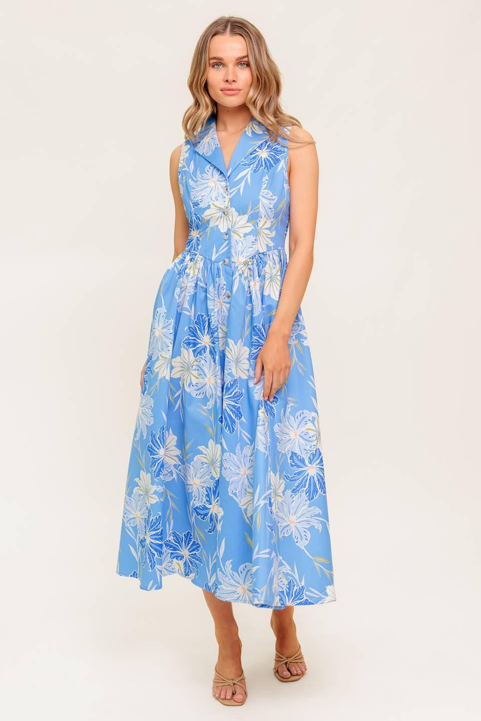 FERN WHISPER BLUE WOVEN MIDI DRESS - Glamourous Grace