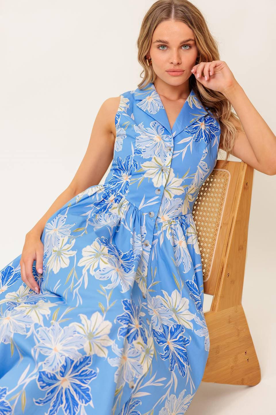 FERN WHISPER BLUE WOVEN MIDI DRESS - Glamourous Grace