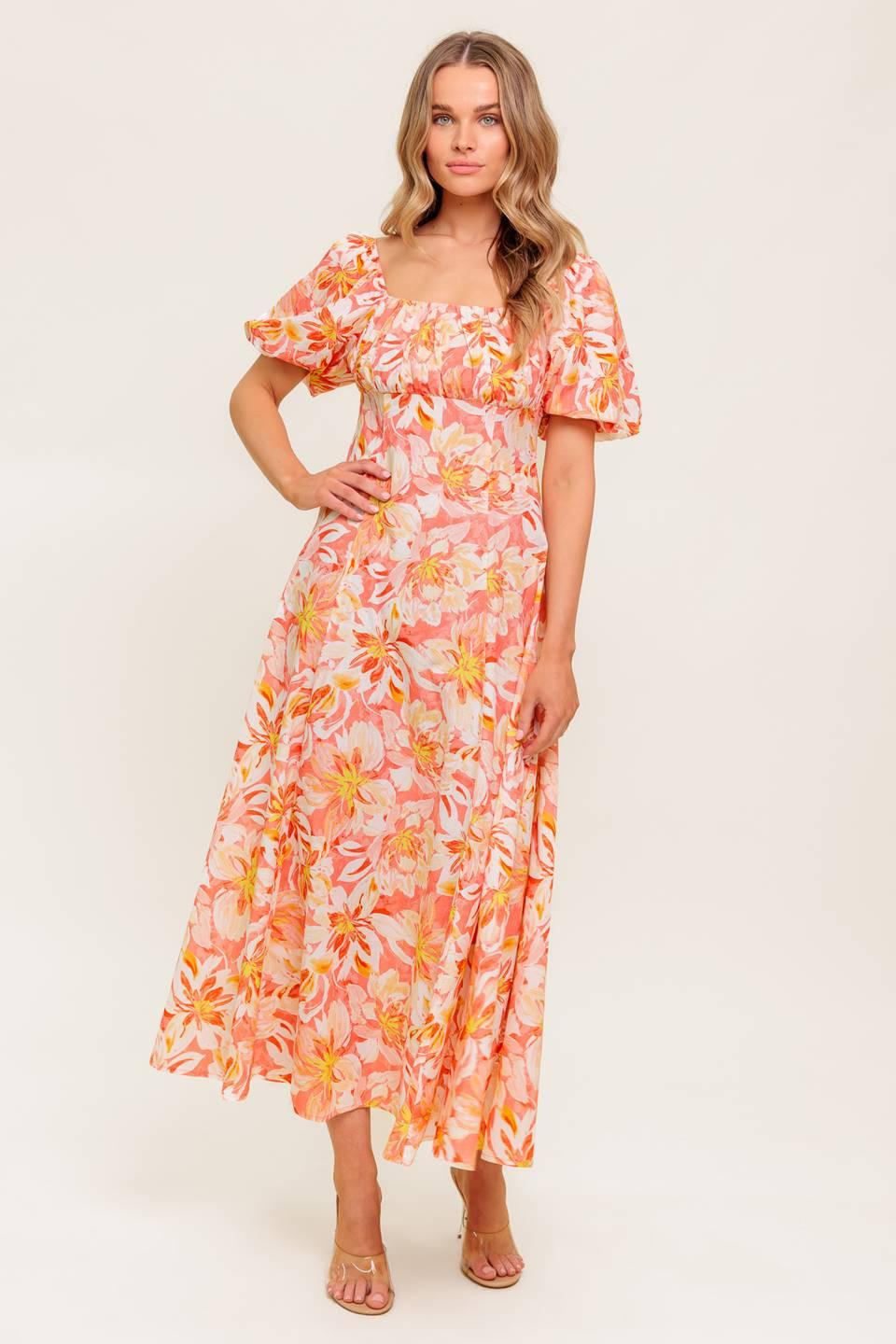 OCEAN FLORALS CORAL WOVEN MIDI DRESS - Glamourous Grace