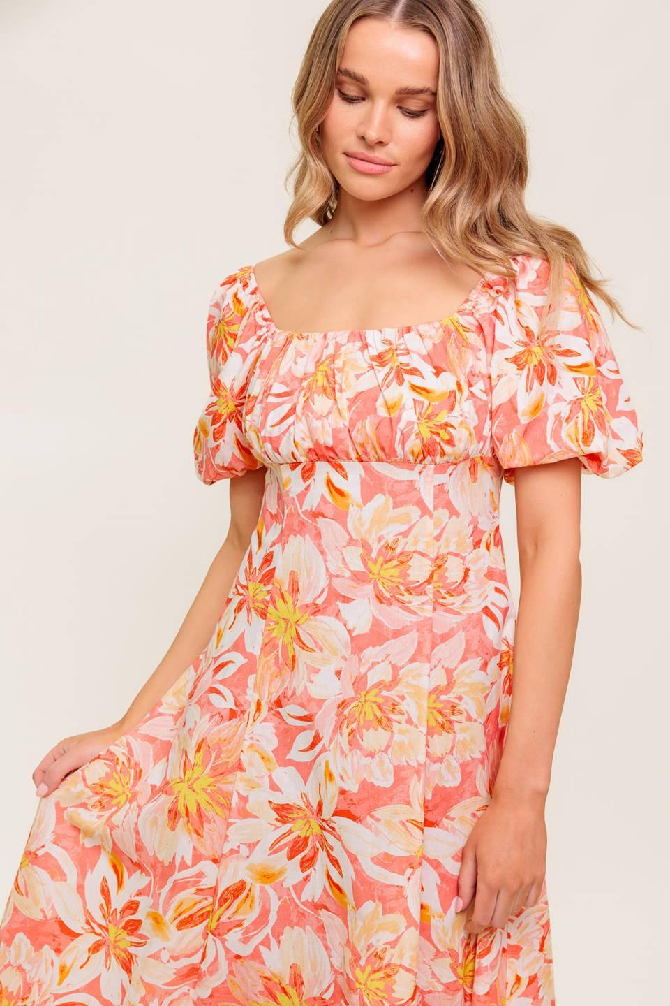 OCEAN FLORALS CORAL WOVEN MIDI DRESS - Glamourous Grace