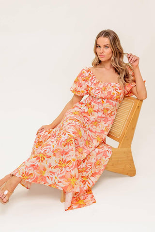 OCEAN FLORALS CORAL WOVEN MIDI DRESS - Glamourous Grace