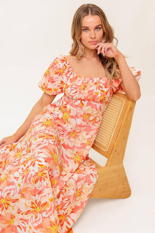 OCEAN FLORALS CORAL WOVEN MIDI DRESS - Glamourous Grace