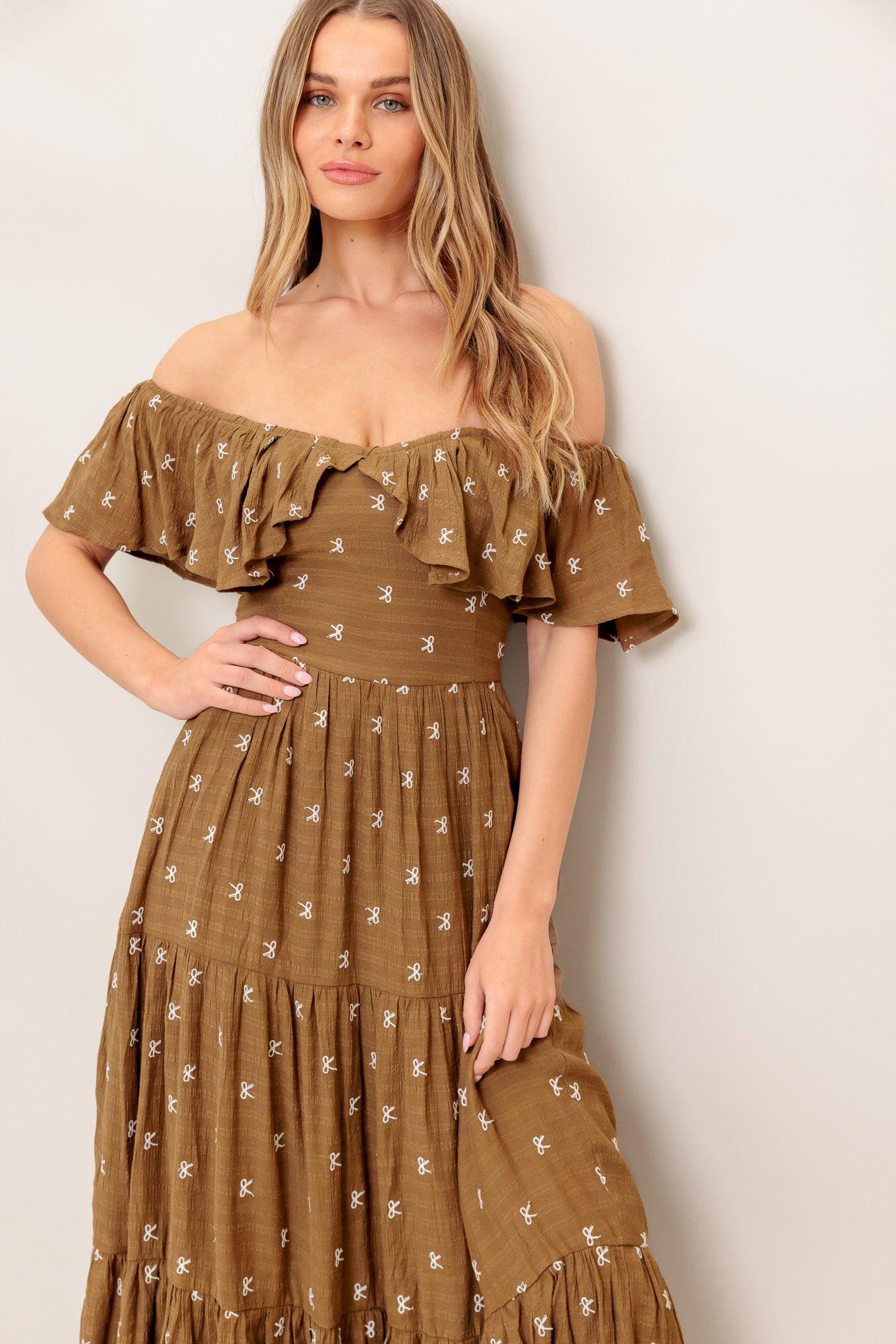 BELLE AMOUR BROWN WOVEN MIDI DRESS - Glamourous Grace