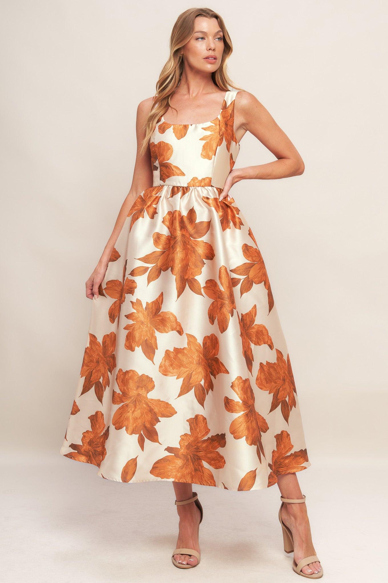 AUTUMNAL FLORAL WOVEN MIDI DRESS - Glamourous Grace