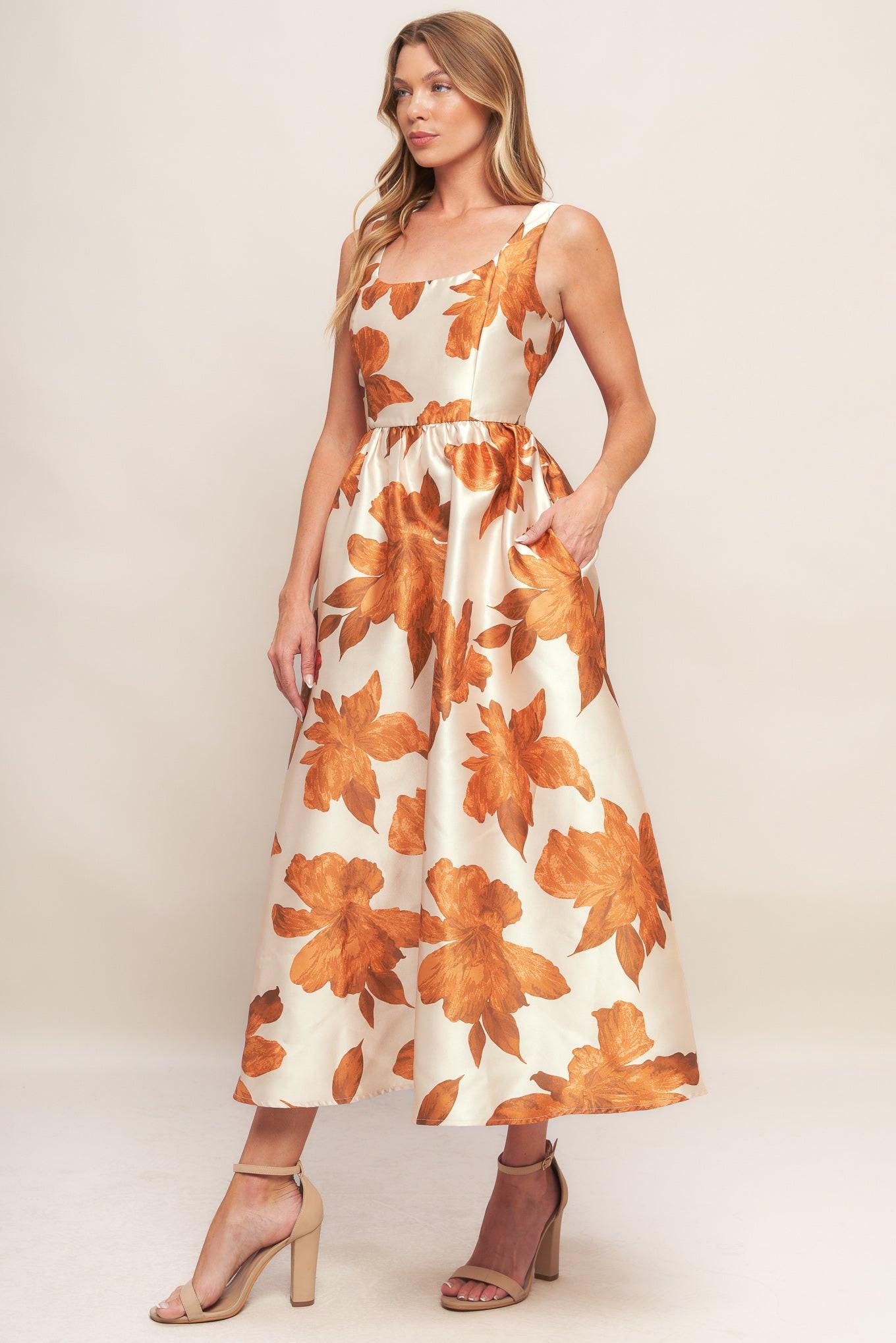 AUTUMNAL FLORAL WOVEN MIDI DRESS - Glamourous Grace