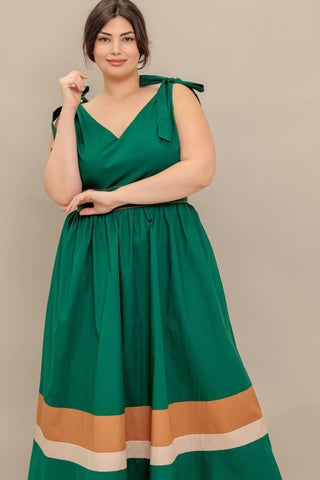 FOREST CHARM WOVEN COLOR BLOCKED MIDI DRESS - Glamourous Grace