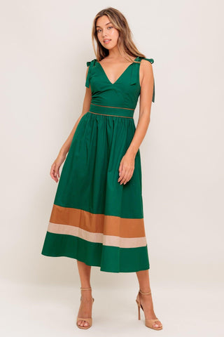 FOREST CHARM WOVEN COLOR BLOCKED MIDI DRESS - Glamourous Grace