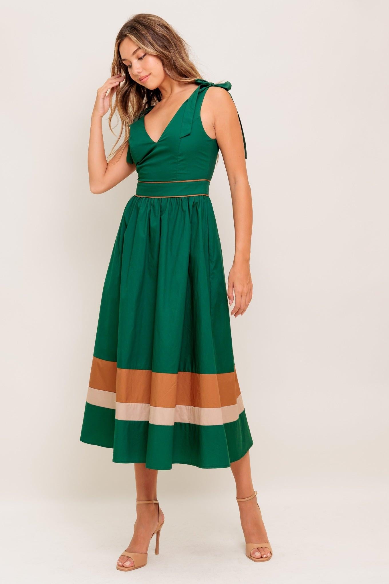 FOREST CHARM WOVEN COLOR BLOCKED MIDI DRESS - Glamourous Grace