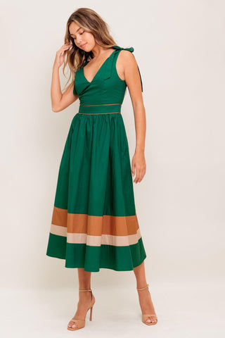 FOREST CHARM WOVEN COLOR BLOCKED MIDI DRESS - Glamourous Grace