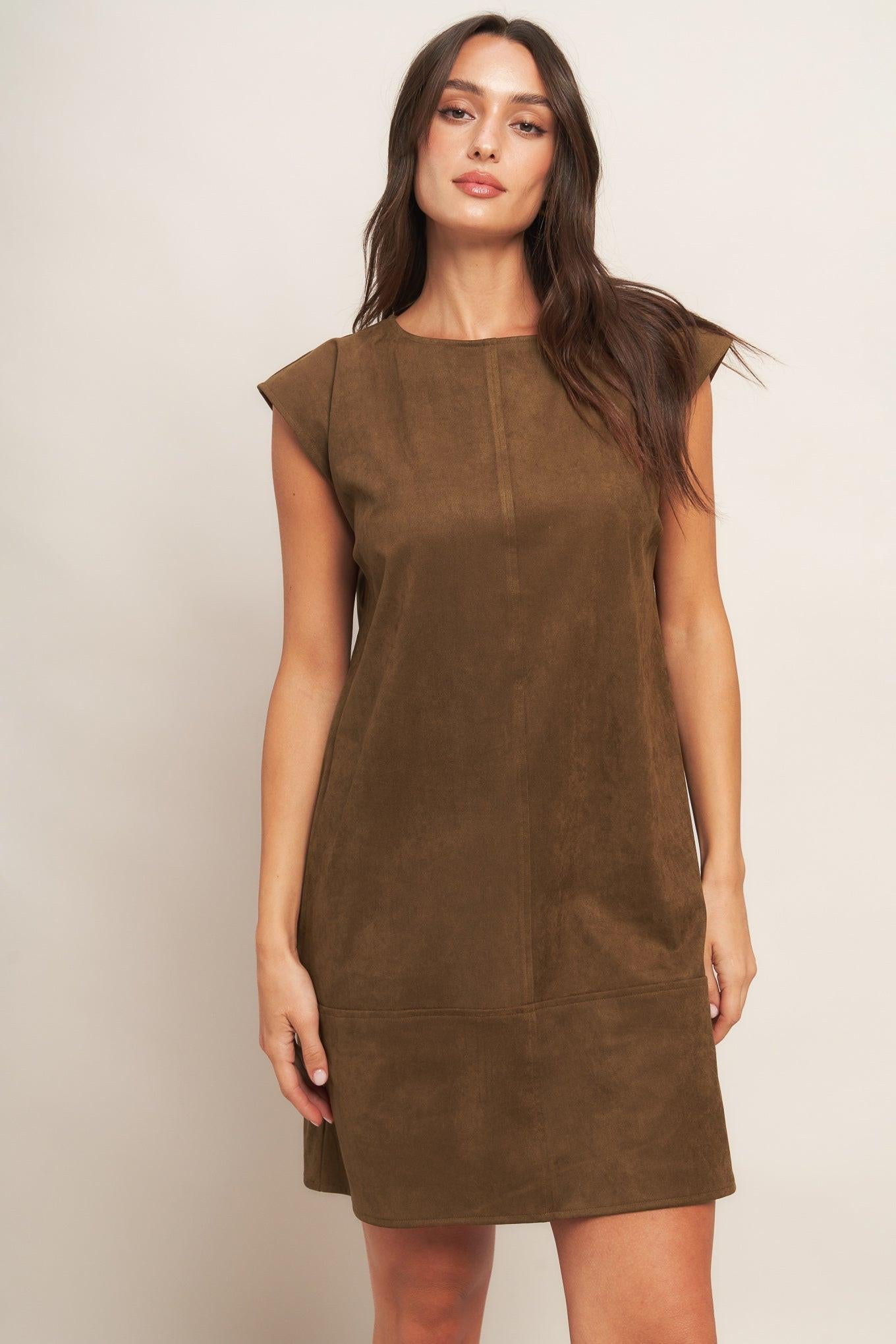 QUIET LUXURY EDGE FAUX SUEDE MIDI SHIFT DRESS - Glamourous Grace