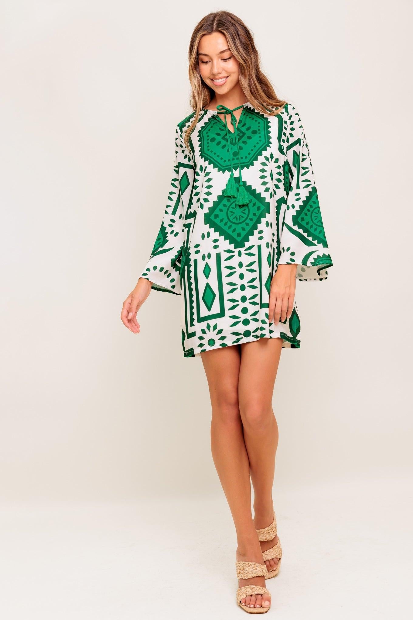 EMERALD TERRA TUNIC WOVEN MINI DRESS - Glamourous Grace