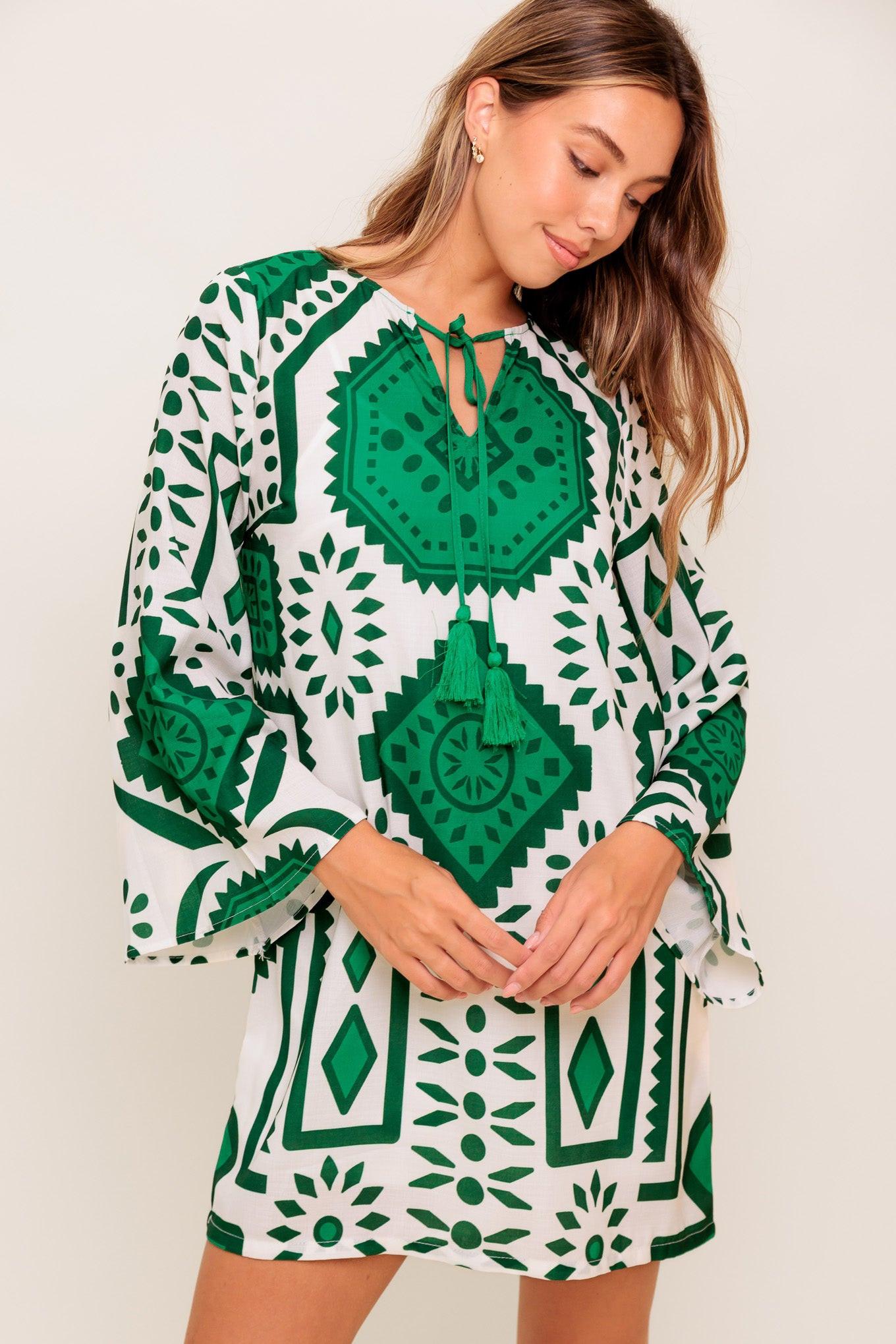 EMERALD TERRA TUNIC WOVEN MINI DRESS - Glamourous Grace