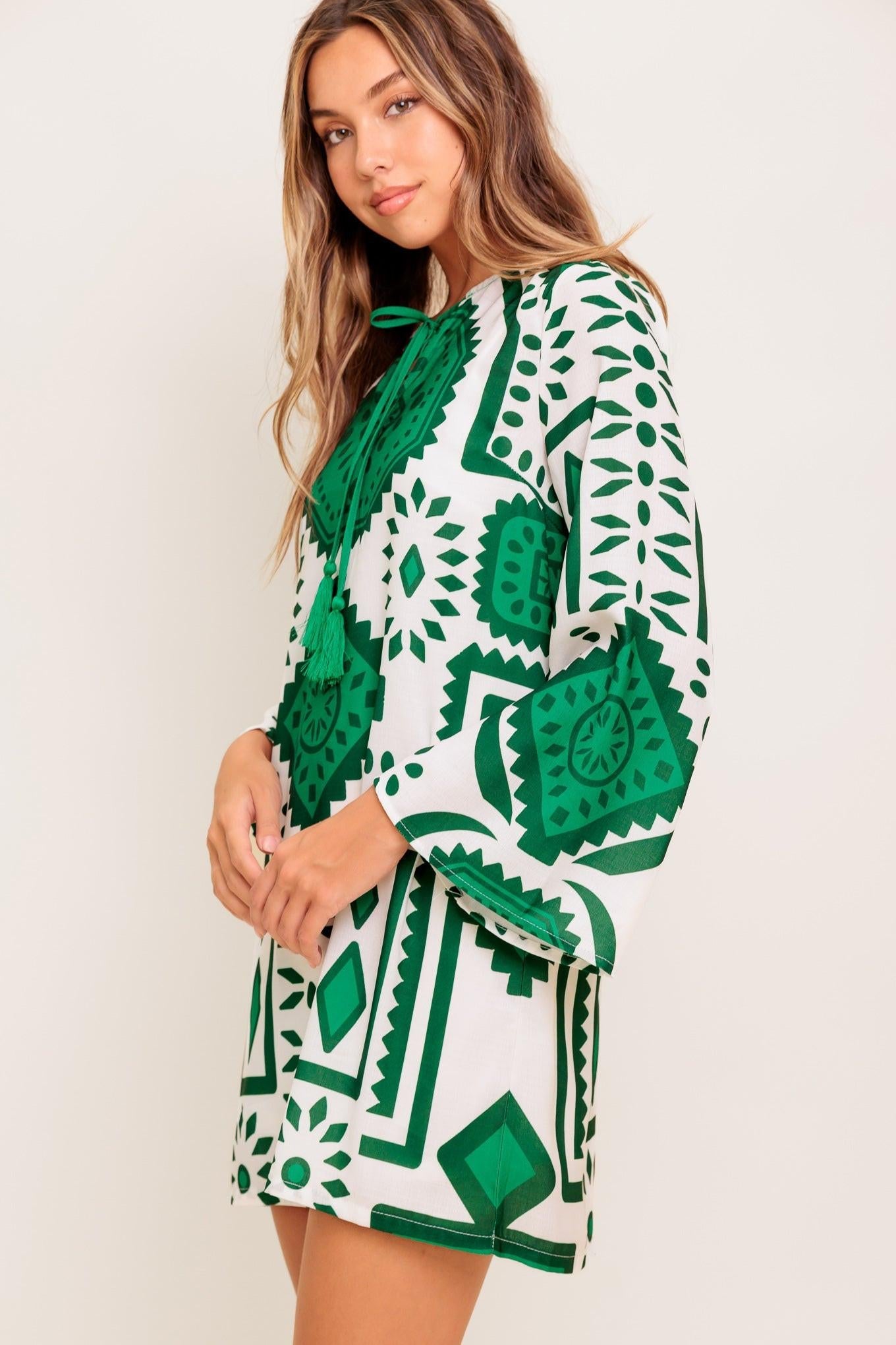 EMERALD TERRA TUNIC WOVEN MINI DRESS - Glamourous Grace