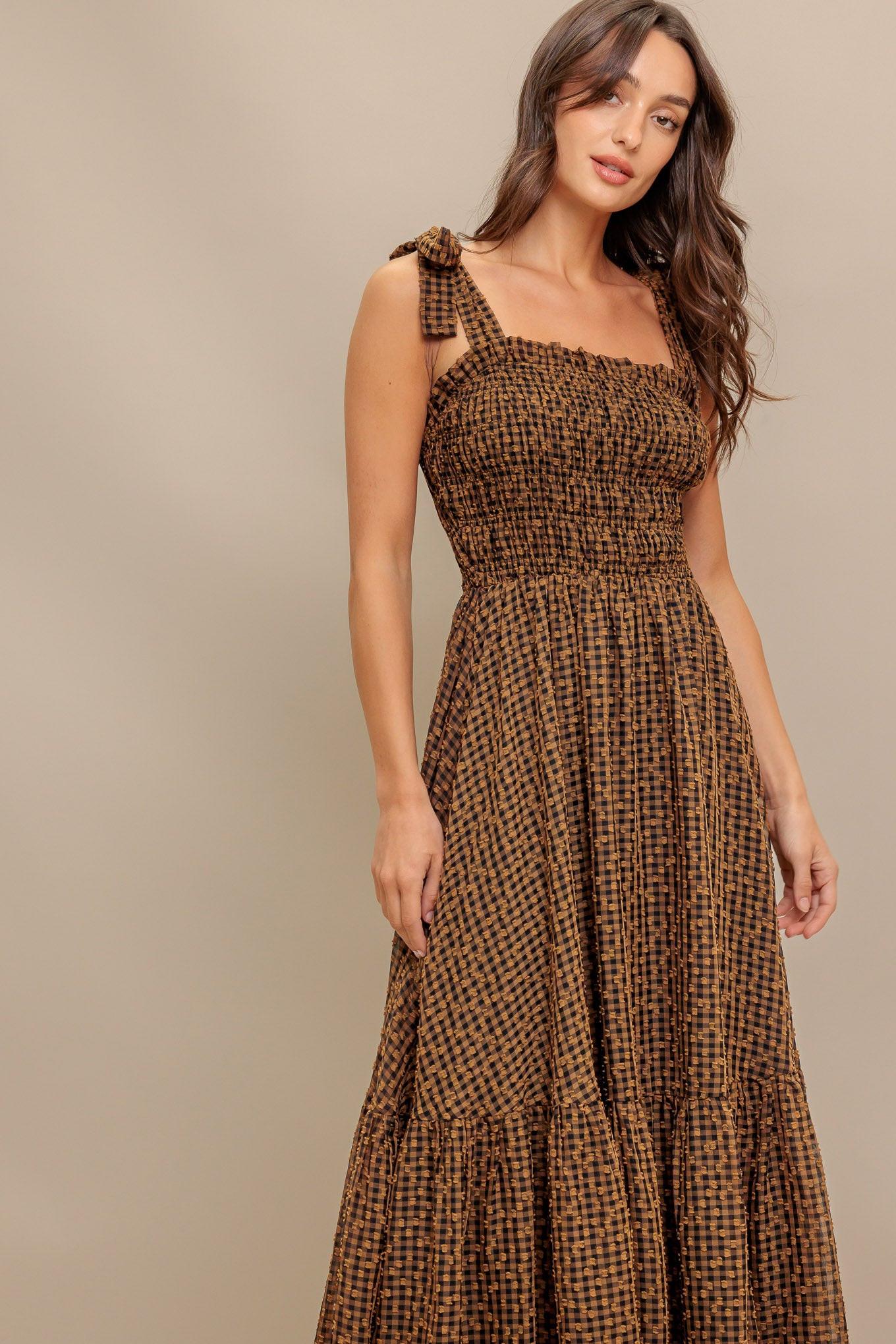 CHECKED DAYDREAM WOVEN MIDI DRESS - Glamourous Grace