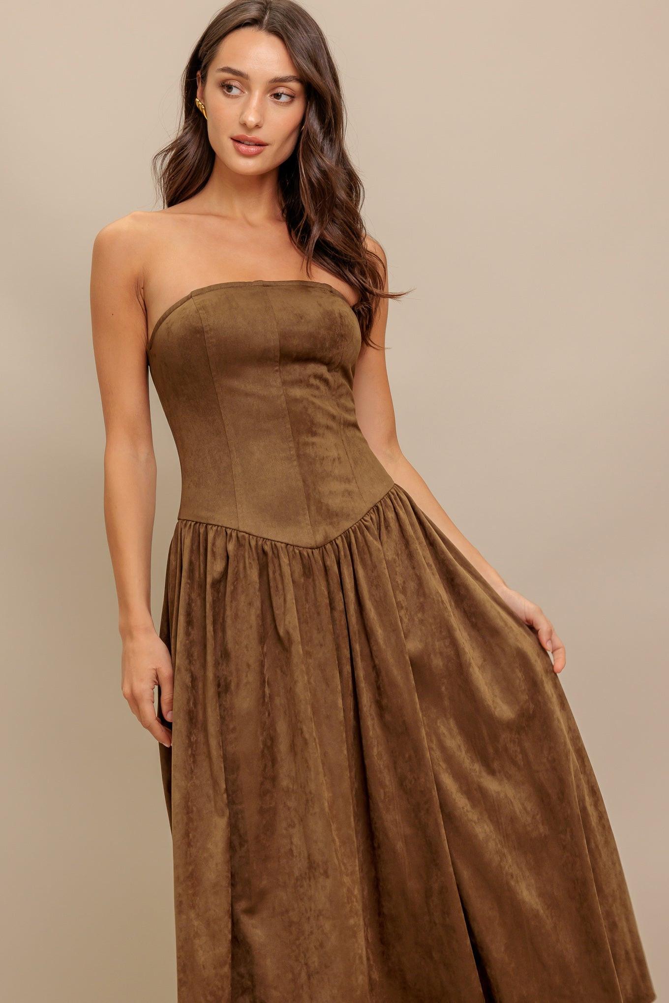 WILD ESPRESSO FAUX SUEDE MIDI DRESS - Glamourous Grace