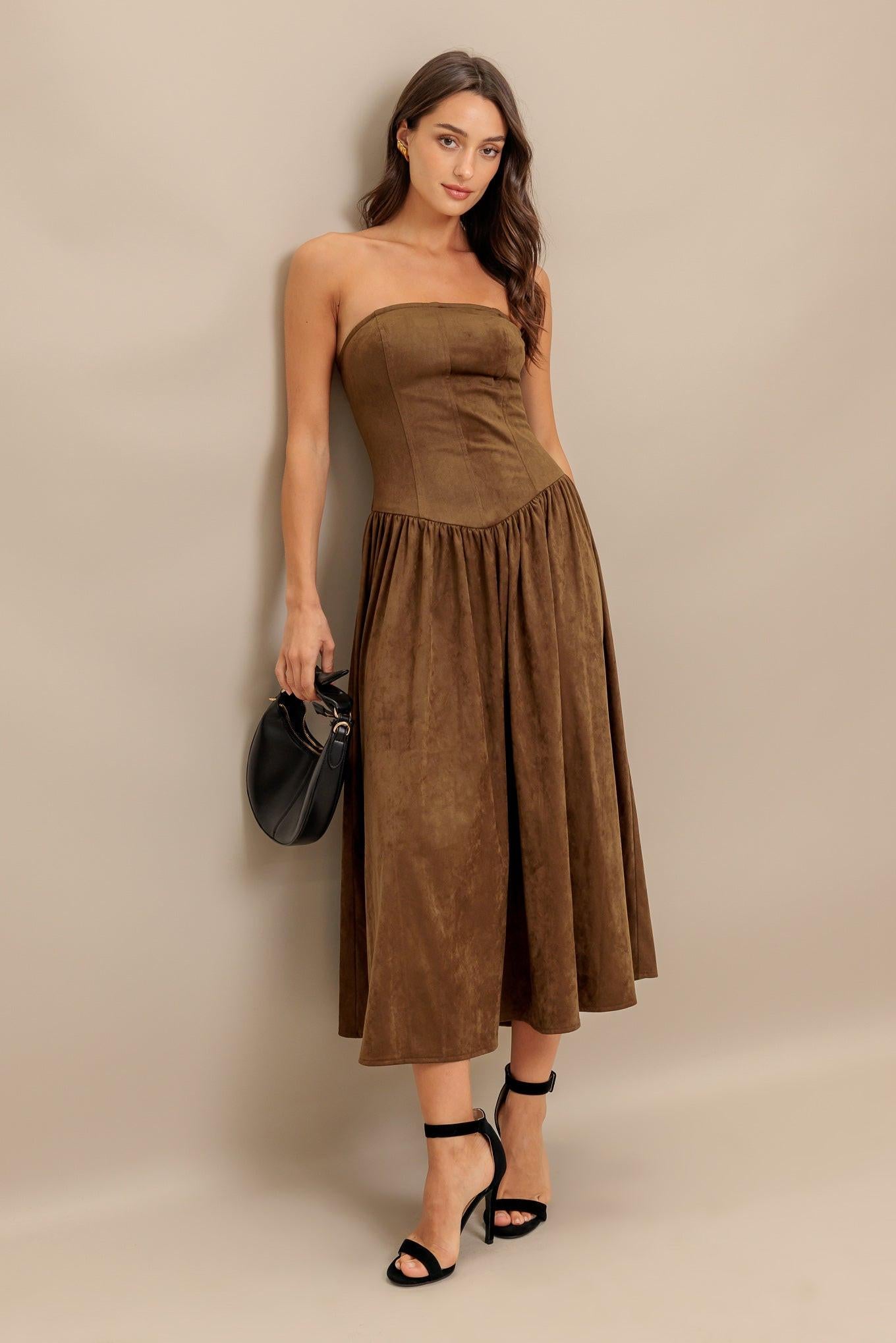WILD ESPRESSO FAUX SUEDE MIDI DRESS - Glamourous Grace