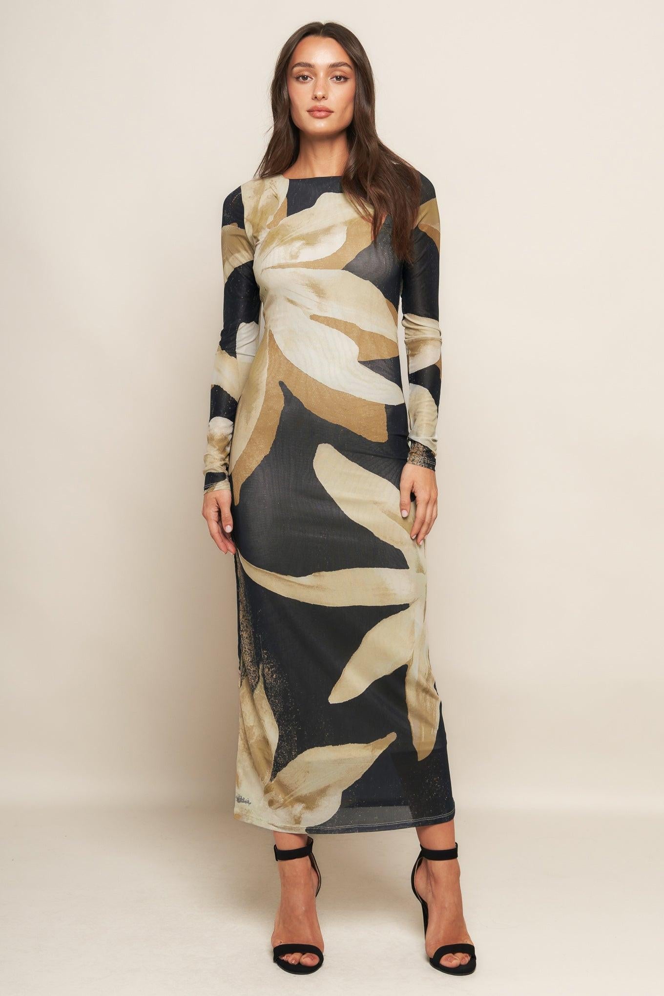 ABSTRACT BOTANICA POWER MESH MIDI DRESS - Glamourous Grace