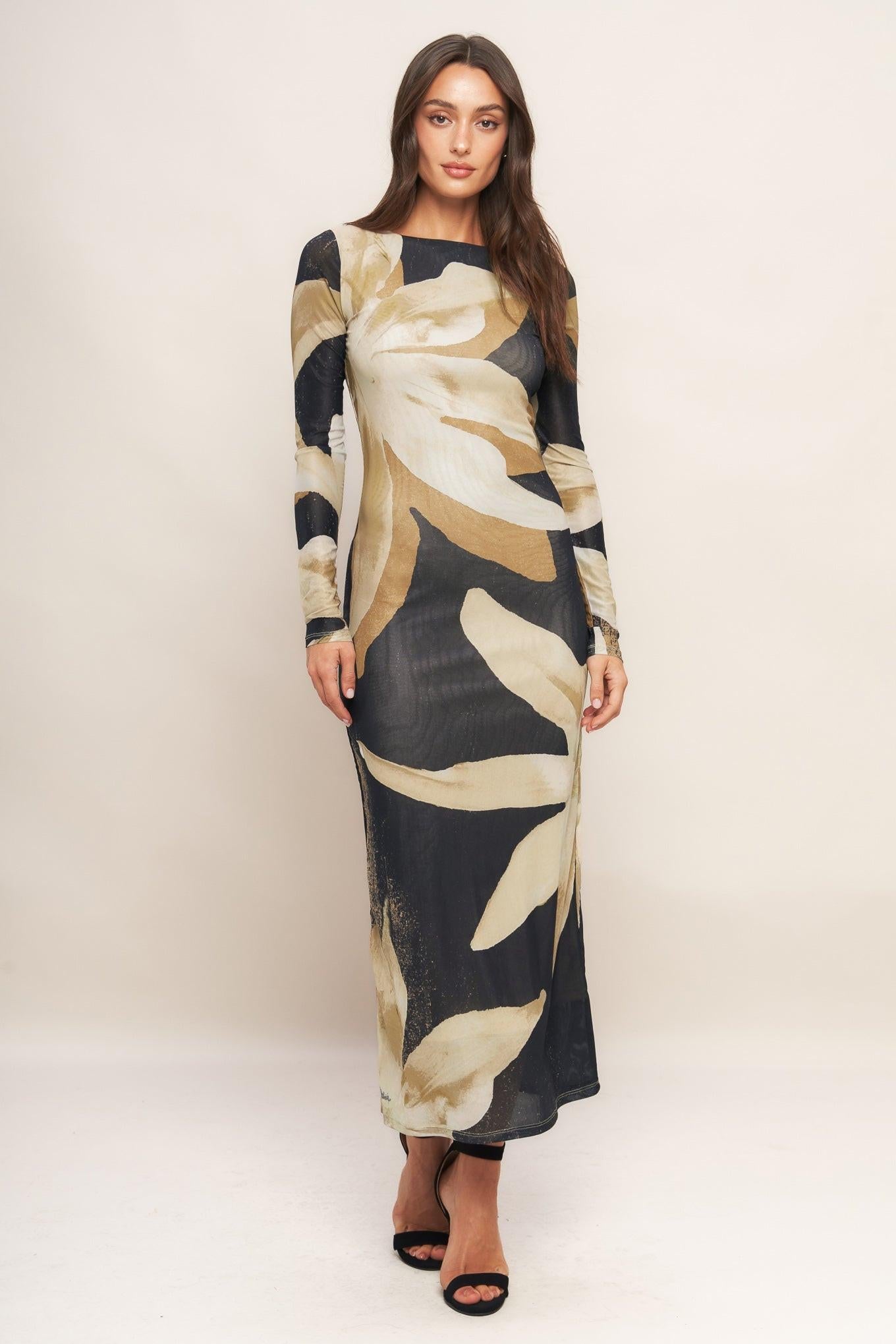ABSTRACT BOTANICA POWER MESH MIDI DRESS - Glamourous Grace