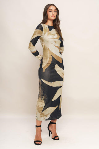 ABSTRACT BOTANICA POWER MESH MIDI DRESS - Glamourous Grace