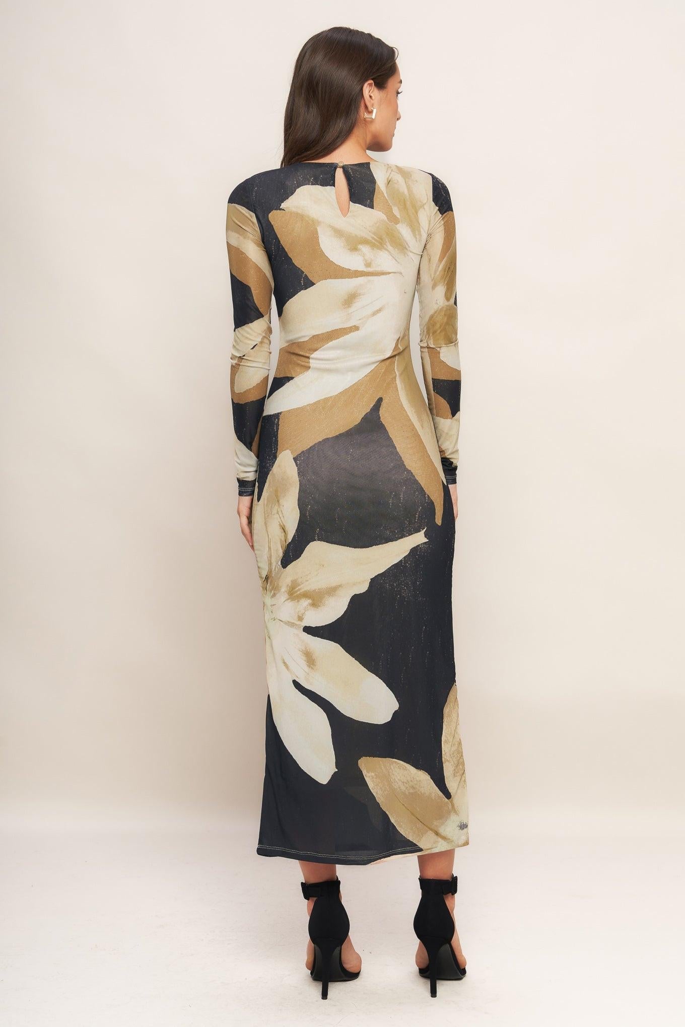 ABSTRACT BOTANICA POWER MESH MIDI DRESS - Glamourous Grace