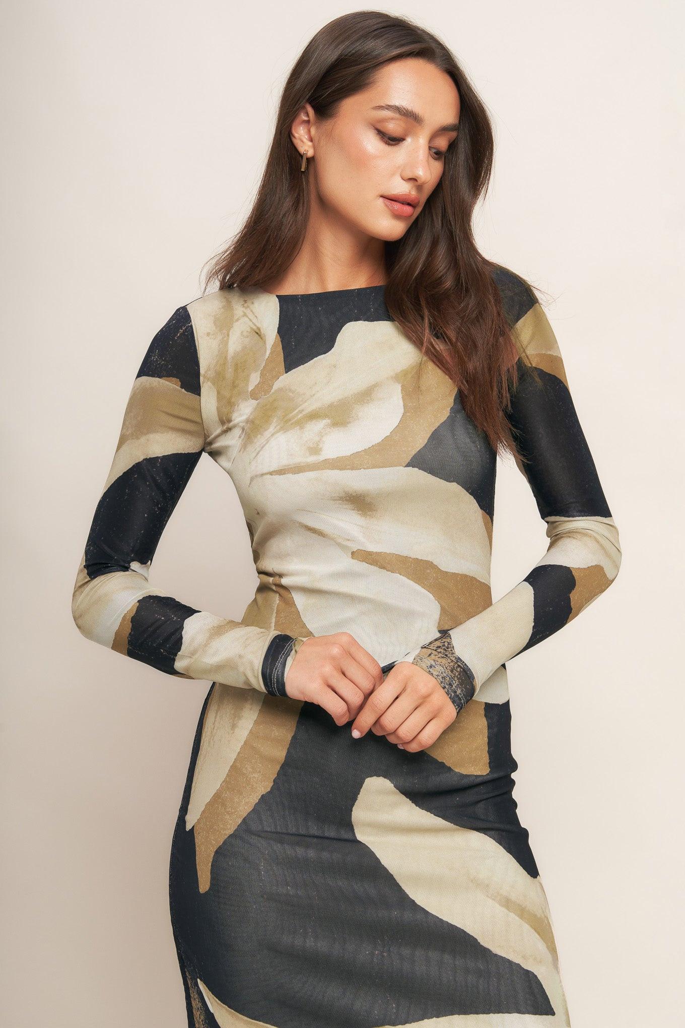 ABSTRACT BOTANICA POWER MESH MIDI DRESS - Glamourous Grace
