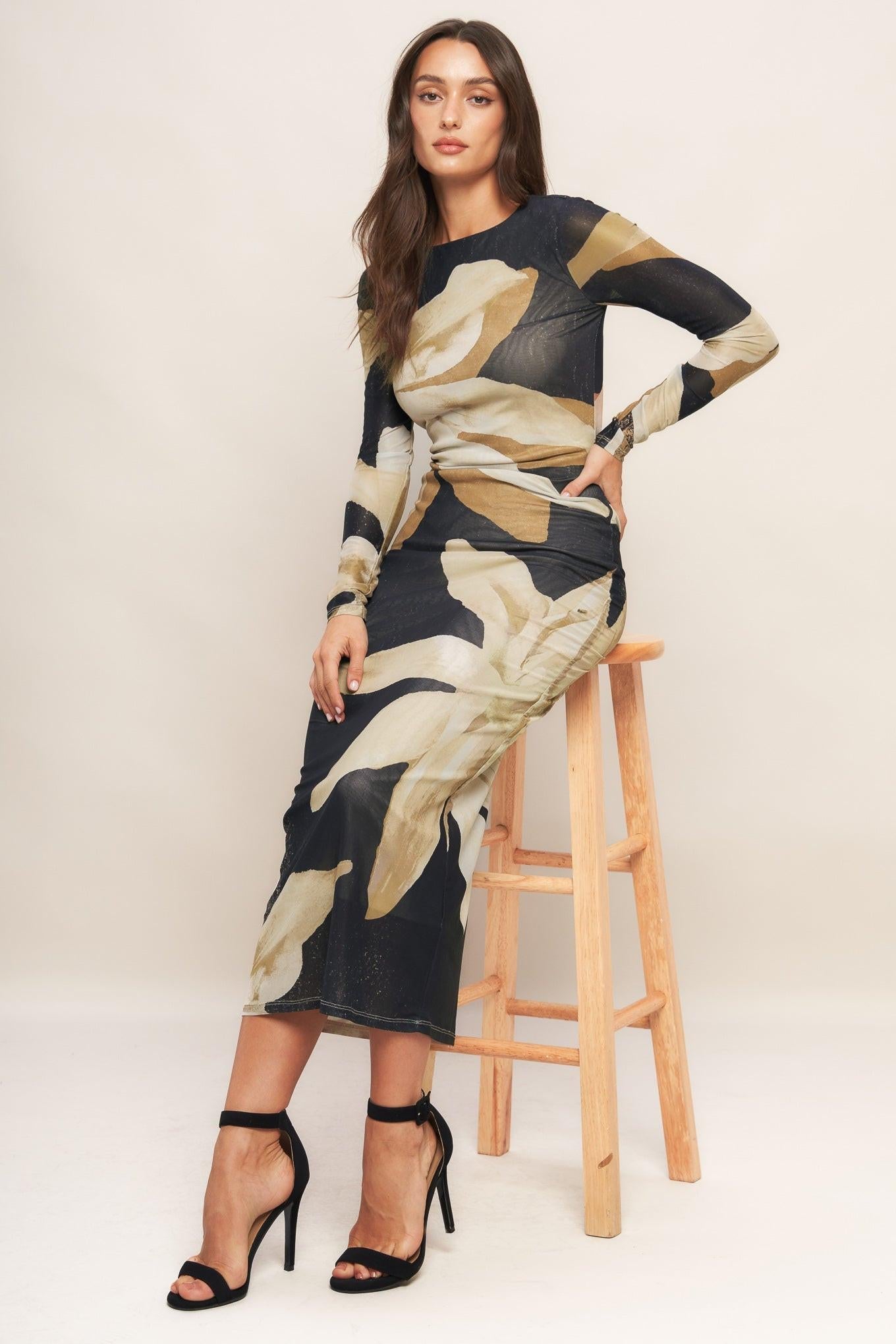 ABSTRACT BOTANICA POWER MESH MIDI DRESS - Glamourous Grace