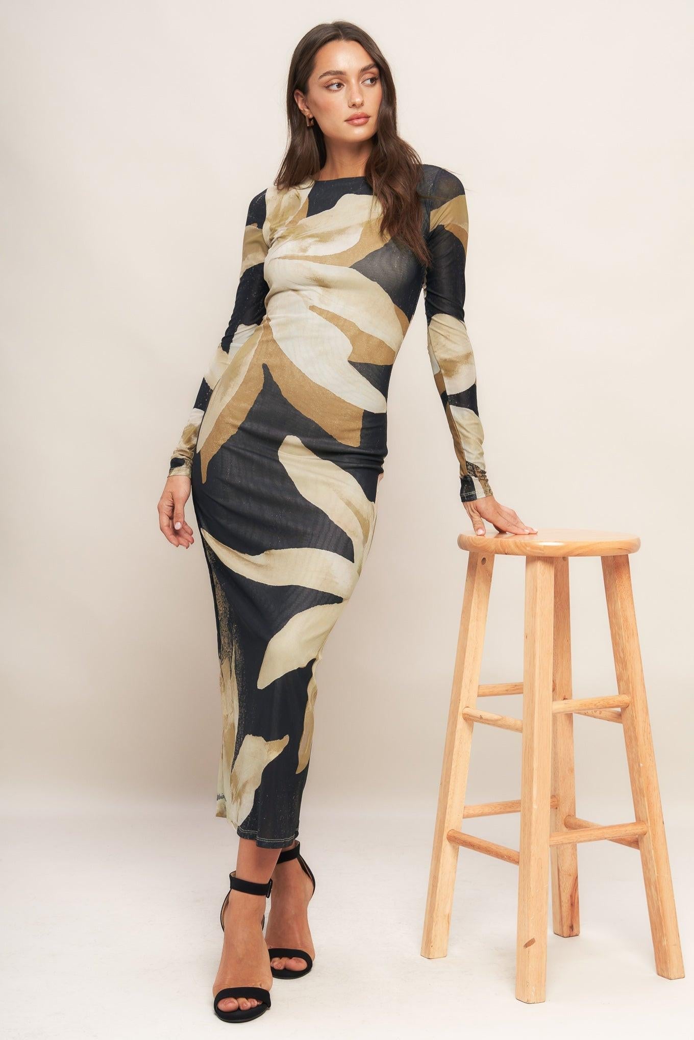 ABSTRACT BOTANICA POWER MESH MIDI DRESS - Glamourous Grace