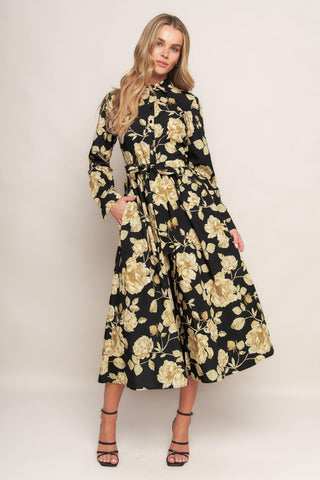 MIDNIGHT BLOOM BLACK WOVEN MIDI DRESS - Glamourous Grace