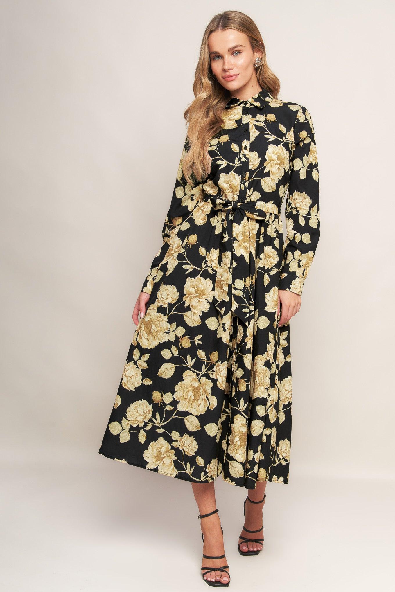 MIDNIGHT BLOOM BLACK WOVEN MIDI DRESS - Glamourous Grace