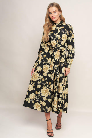 MIDNIGHT BLOOM BLACK WOVEN MIDI DRESS - Glamourous Grace