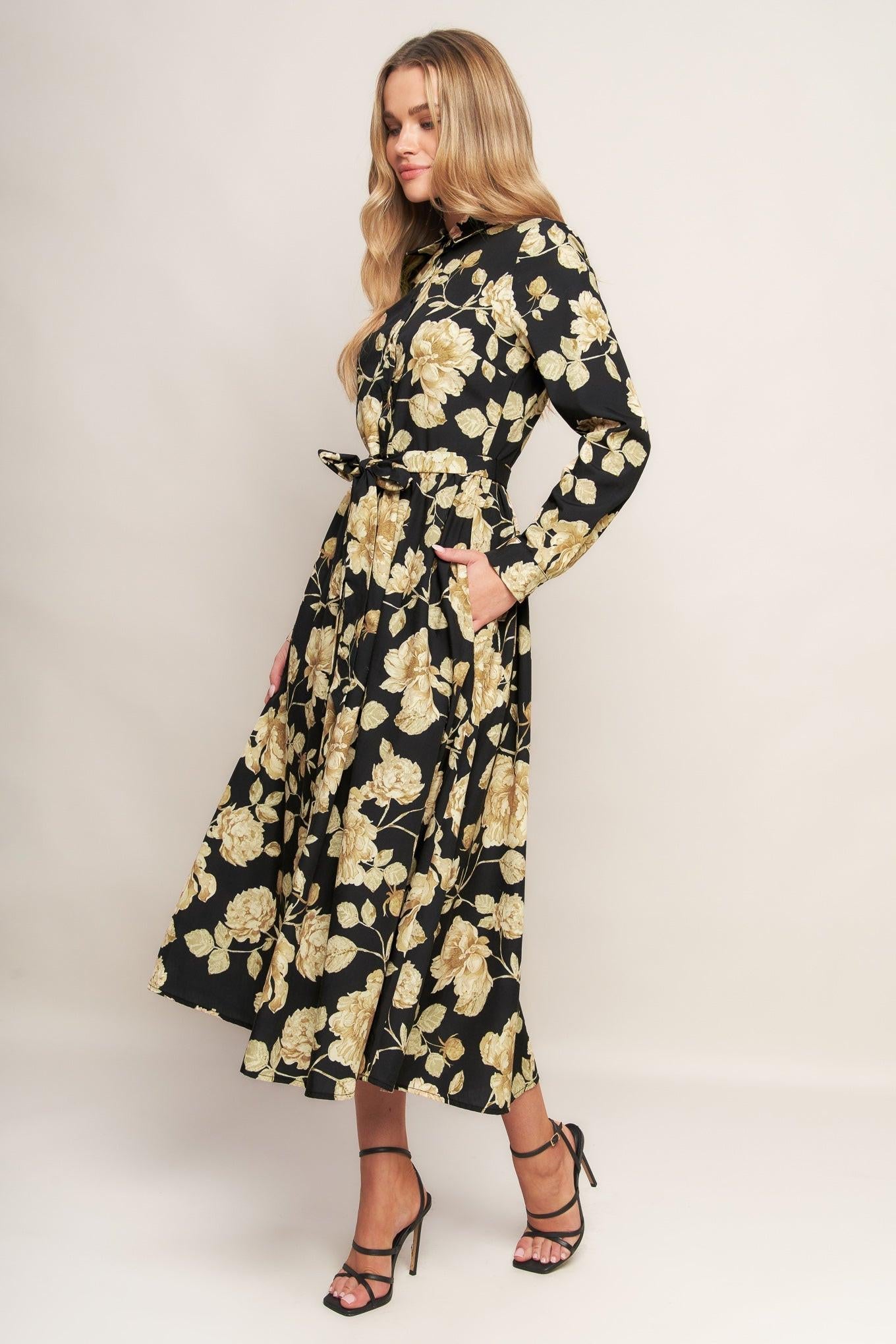 MIDNIGHT BLOOM BLACK WOVEN MIDI DRESS - Glamourous Grace