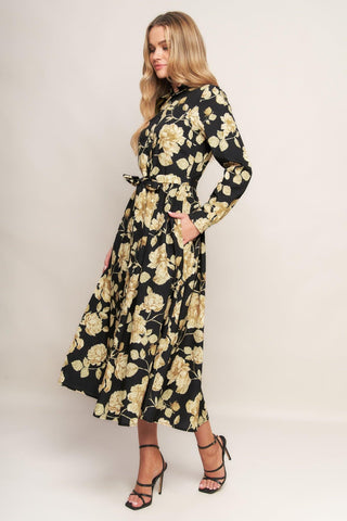 MIDNIGHT BLOOM BLACK WOVEN MIDI DRESS - Glamourous Grace